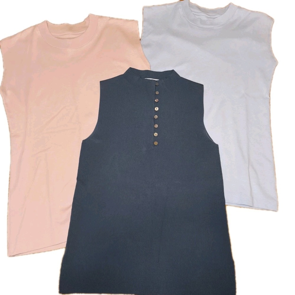 M.M.LaFleur Blue Pink Pima Cotton Mock Neck Sleeveless Tank Top‎ Women's XS LOT
